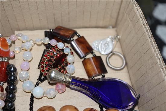 A mixed group of assorted costume jewellery including hematite necklace and two mounted glass scent bottles.